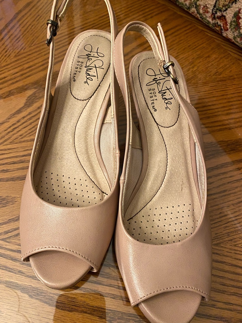 Life Stride Nude Peep-Toe Slingback Heels